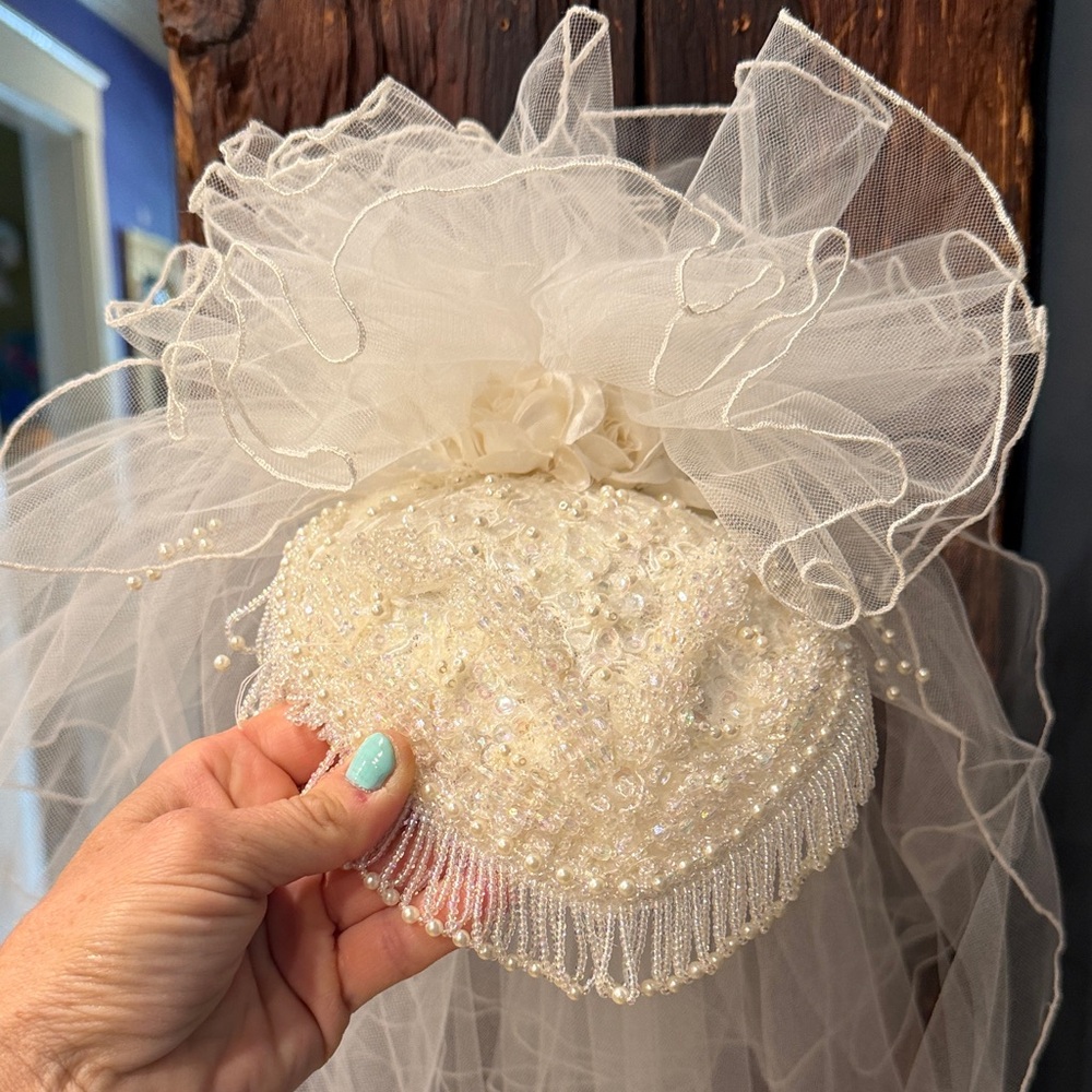 Ivory White Vintage Beaded Bridal Hairpiece/ Fascinator with toile Veil